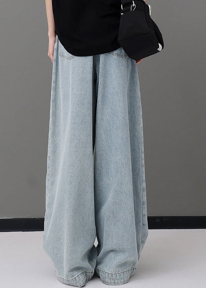 Blue Pockets Patchwork Denim Wide Leg Pants Fall