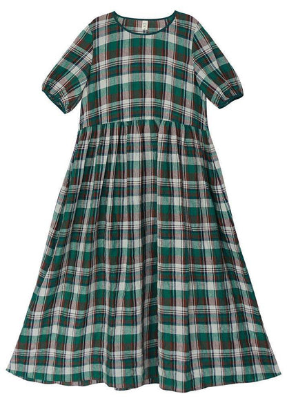Diy Green Plaid Cinched Pockets Robe Summer Linen Dress