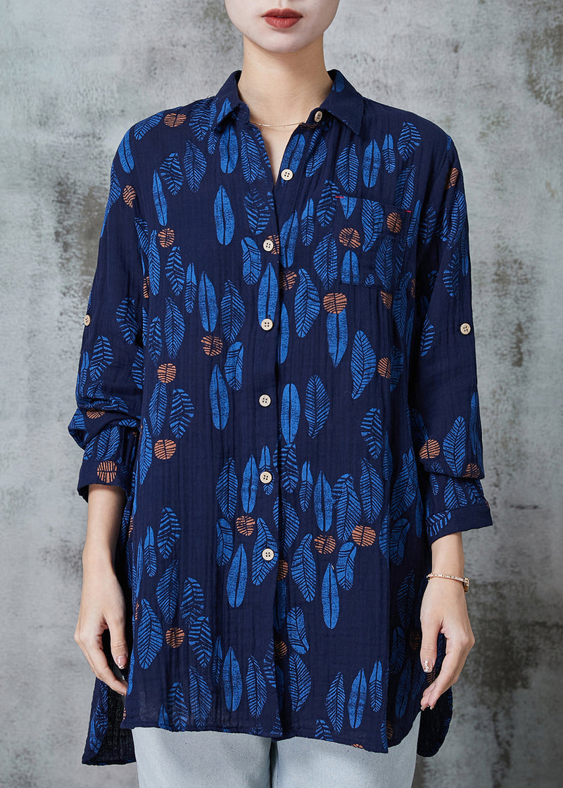 Navy Oversized Print Cotton Blouses Spring