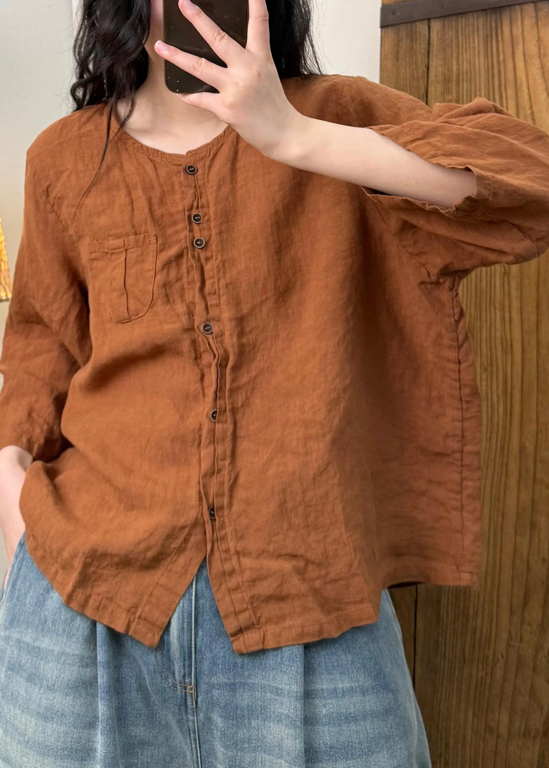 Linen Color O Neck Button Cotton Blouses Fall