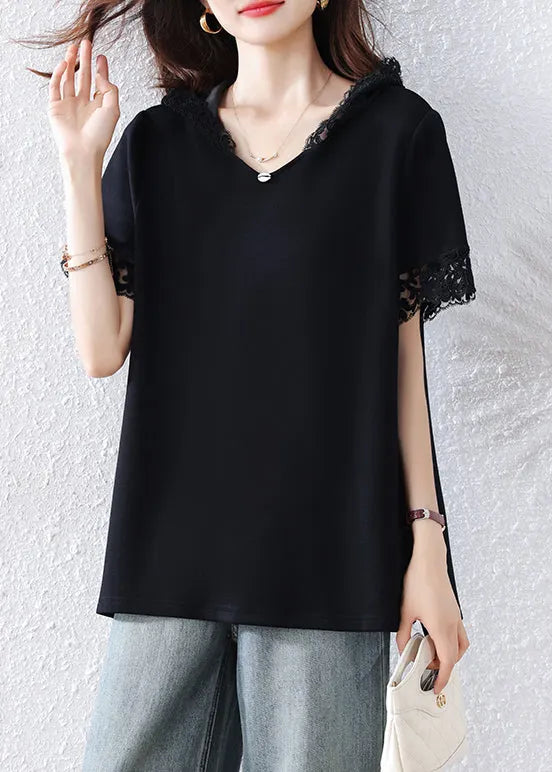 Black Hooded Patchwork Lace Tank Summer