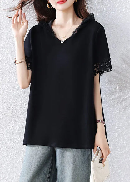 Black Hooded Patchwork Lace Tank Summer