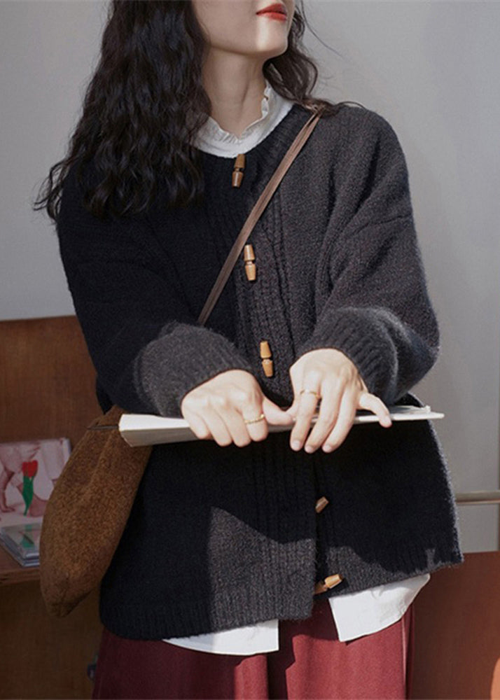 Wine Red Button Patchwork Cozy Knit Coat Long Sleeve