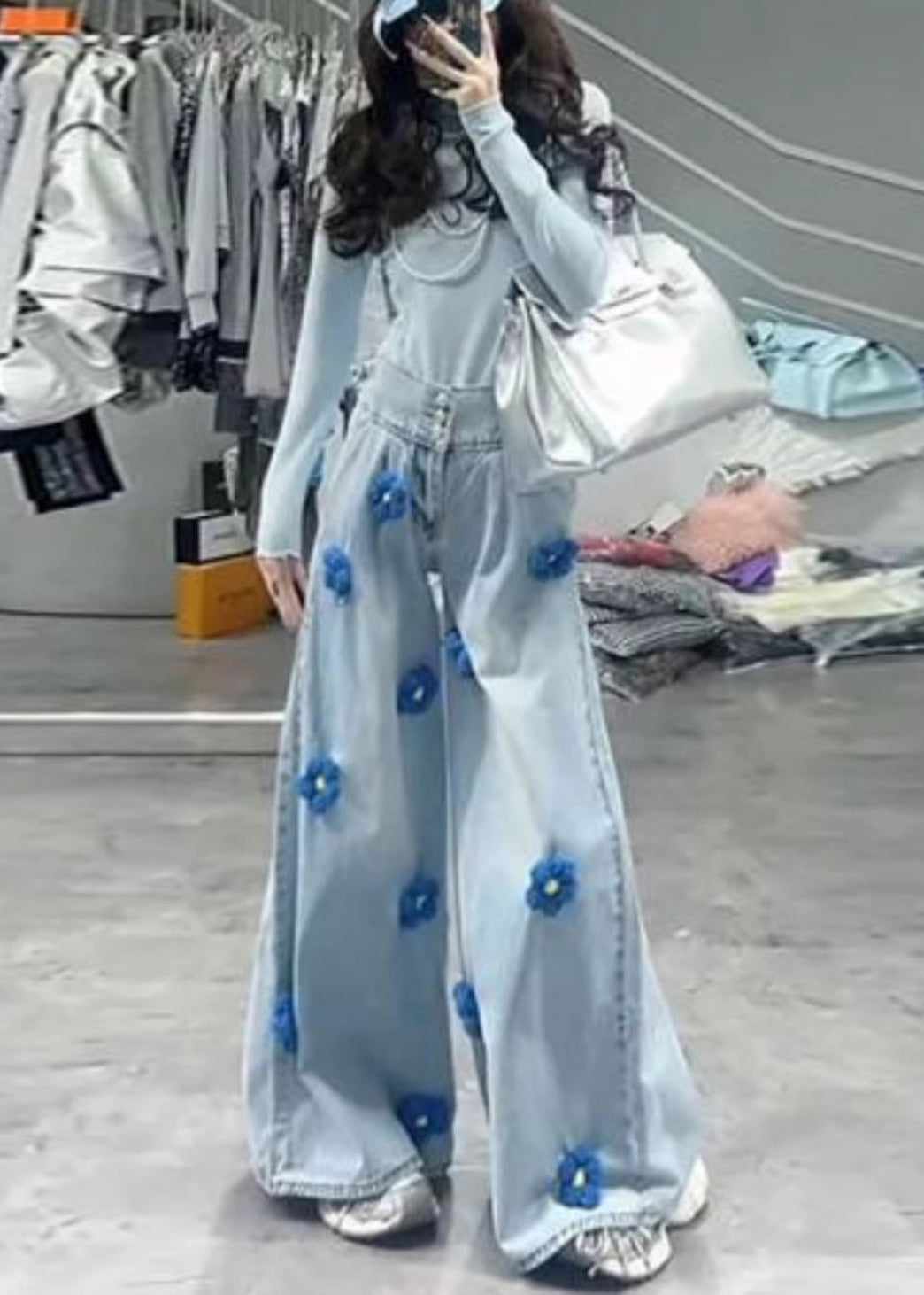 Fitted Light Blue Oversized Denim Wide Leg Pants Fall