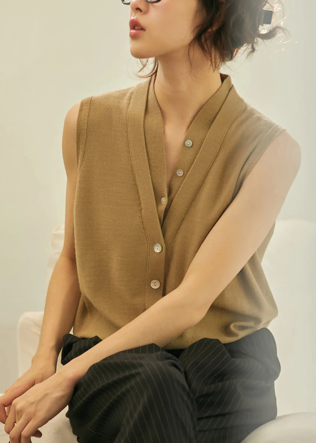 Art Khaki V Neck Thin Knit Woolen Top Summer