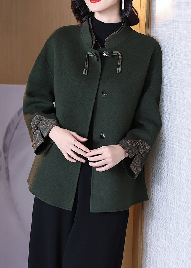 Blackish Green Button Wool Coat Long Sleeve