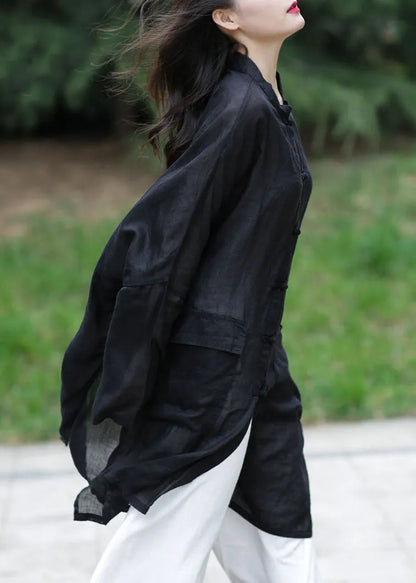 Black Oversized Side Open Linen Upf 50+ Long Shirt Spring
