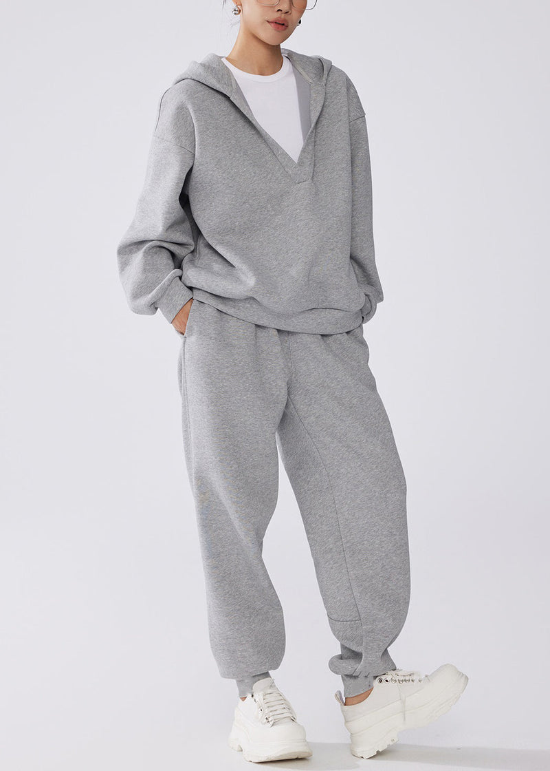 Loose Grey Hooded Sweatshirt and Pants Warm Fleece Two Pieces Set Winter