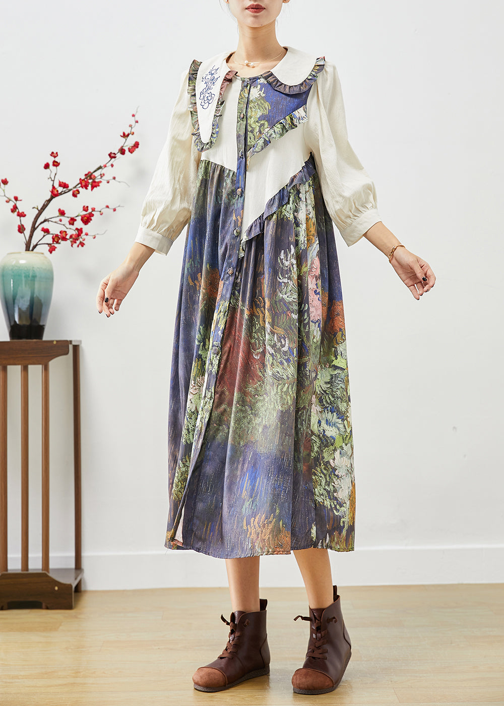 Beige Asymmetrical Patchwork Ruffled Shirt Dresses Fall