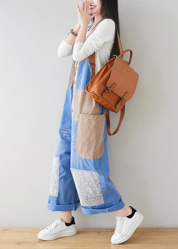 French Baby Blue Patchwork Jeans Jumpsuit