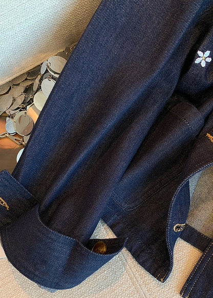 Navy Peter Pan Collar Embroidered Denim Coat Fall