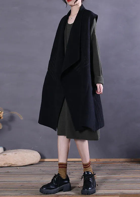 Black Peter Pan Collar Patchwork Woolen Tanks Sleeveless