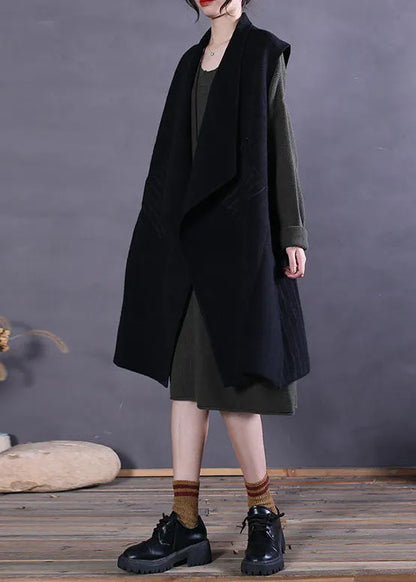 Black Peter Pan Collar Patchwork Woolen Tanks Sleeveless