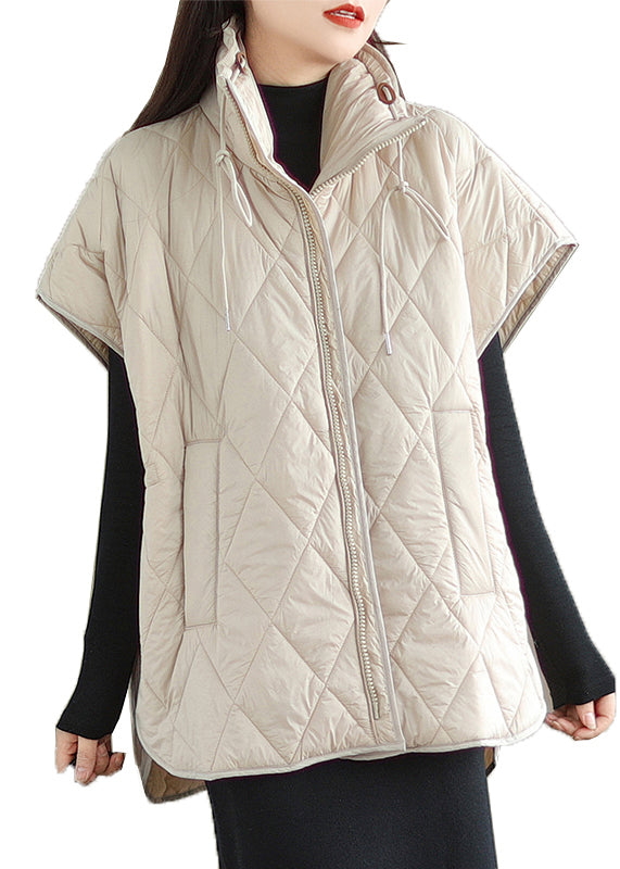 Beige Oversized Drawstring Fine Cotton Filled Puffers Vests Winter