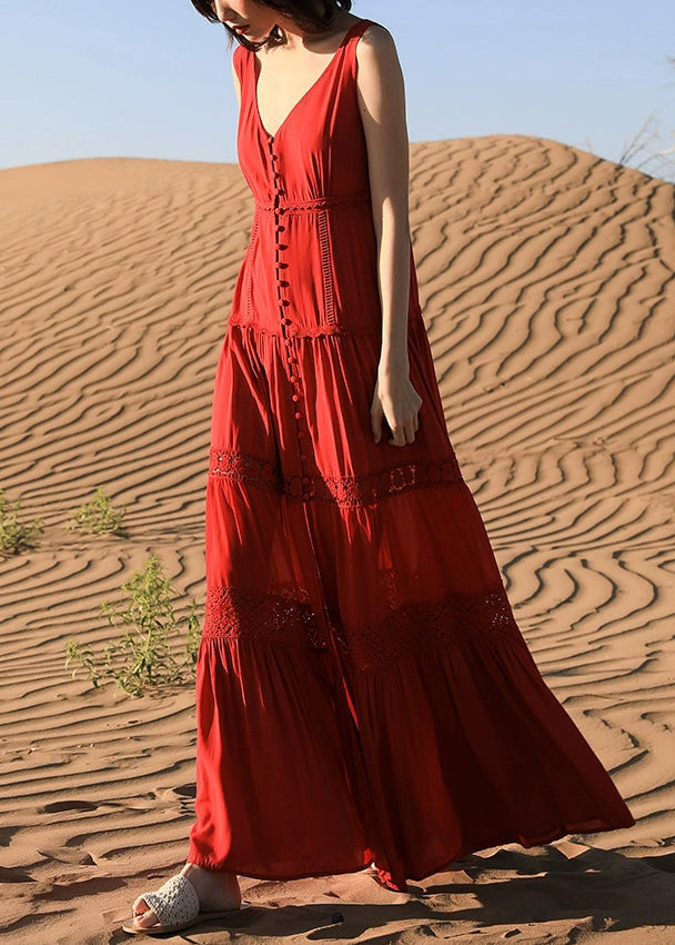 Red Hollow Out Cotton Long Dresses V Neck Summer