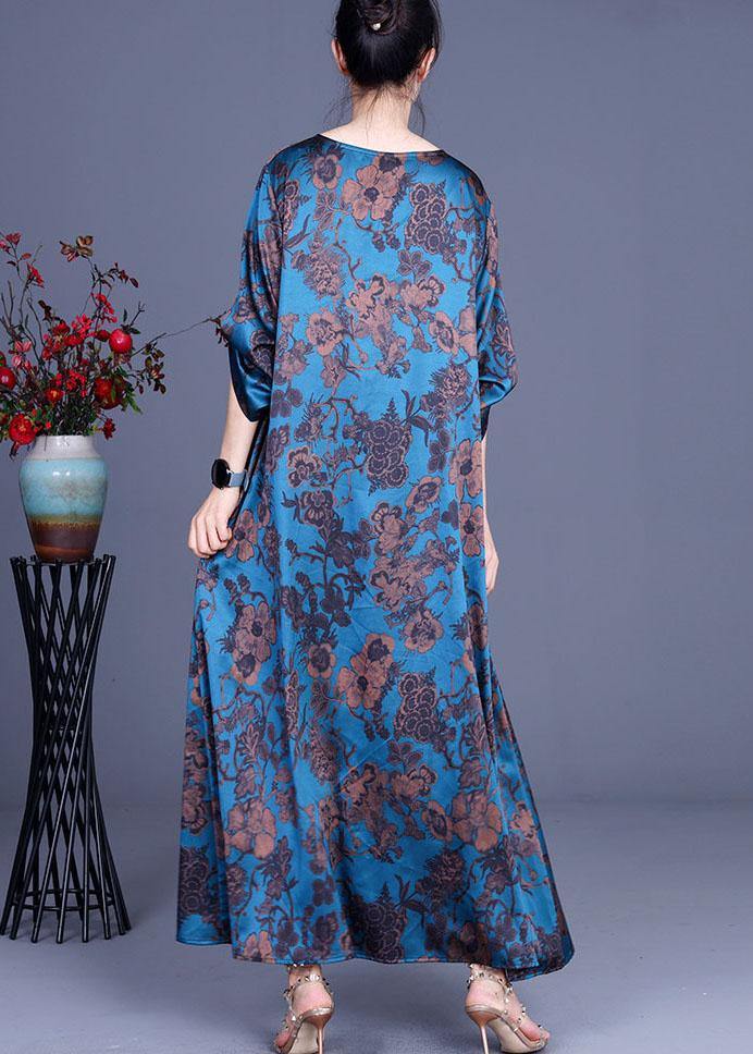 Blue Vogue Print Summer Silk Robe Dresses Half Sleeve