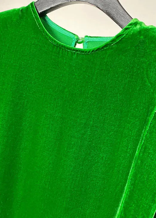 Green Silk Velour Tops Button O-neck Long Sleeve