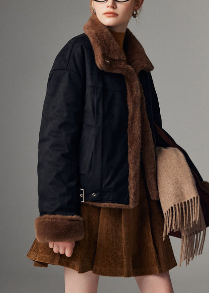 Brown Wear on Both Sides Pockets Faux Suede Coats Stand Collar