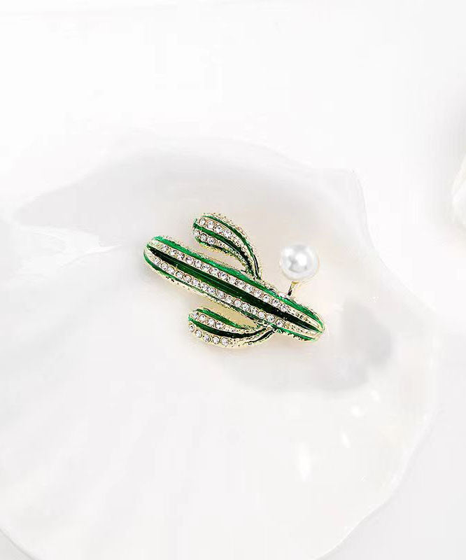 Green Alloy Zircon Pearl Drip Glaze Cactus Brooches