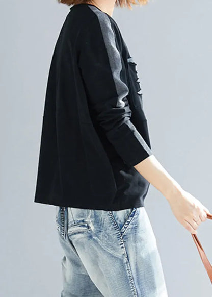 Stylish Black O-neck Patchwork Ripped Cotton Sweatshirts Tops Spring