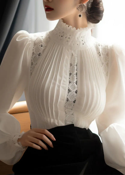 French White Puff Sleeve Lace Wrinkled Patchwork Cotton Top Spring