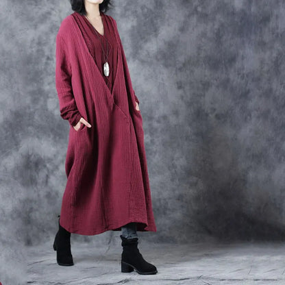Black V Neck Patchwork Pockets Fall Dresses Long Sleeve
