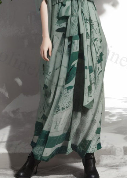 Green Print Lace Up Loose Silk Maxi Dresses Summer