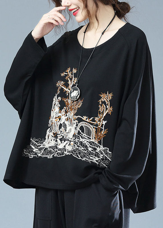 Black O Neck Embroideried Patchwork Cotton T Shirt Top Fall