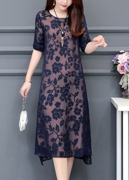 Modern Navy O-neck Embroideried Chiffon Long Dress Summer