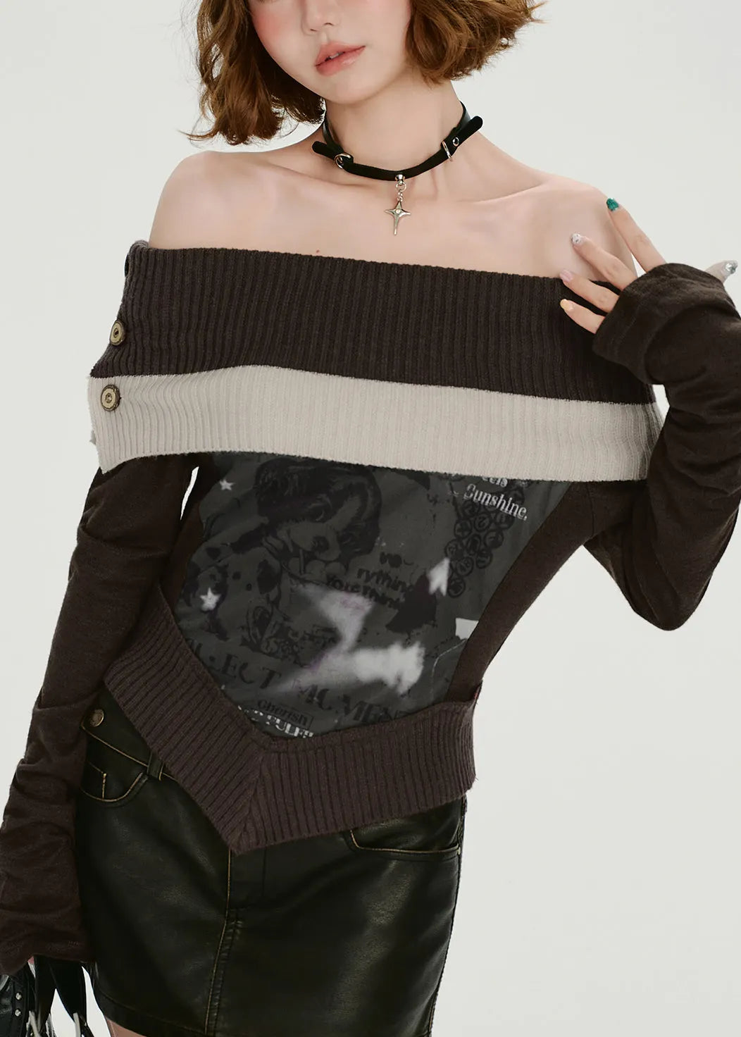 Italian Chocolate Cold Shoulder Patchwork Knit Shirts Spring