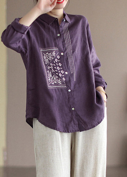 Purple Peter Pan Collar Embroideried Button Linen Shirt Long Sleeve