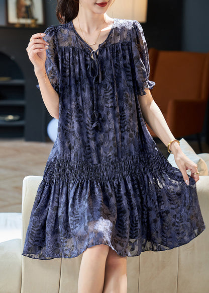 Navy V Neck Print Patchwork Chiffon Dress Summer