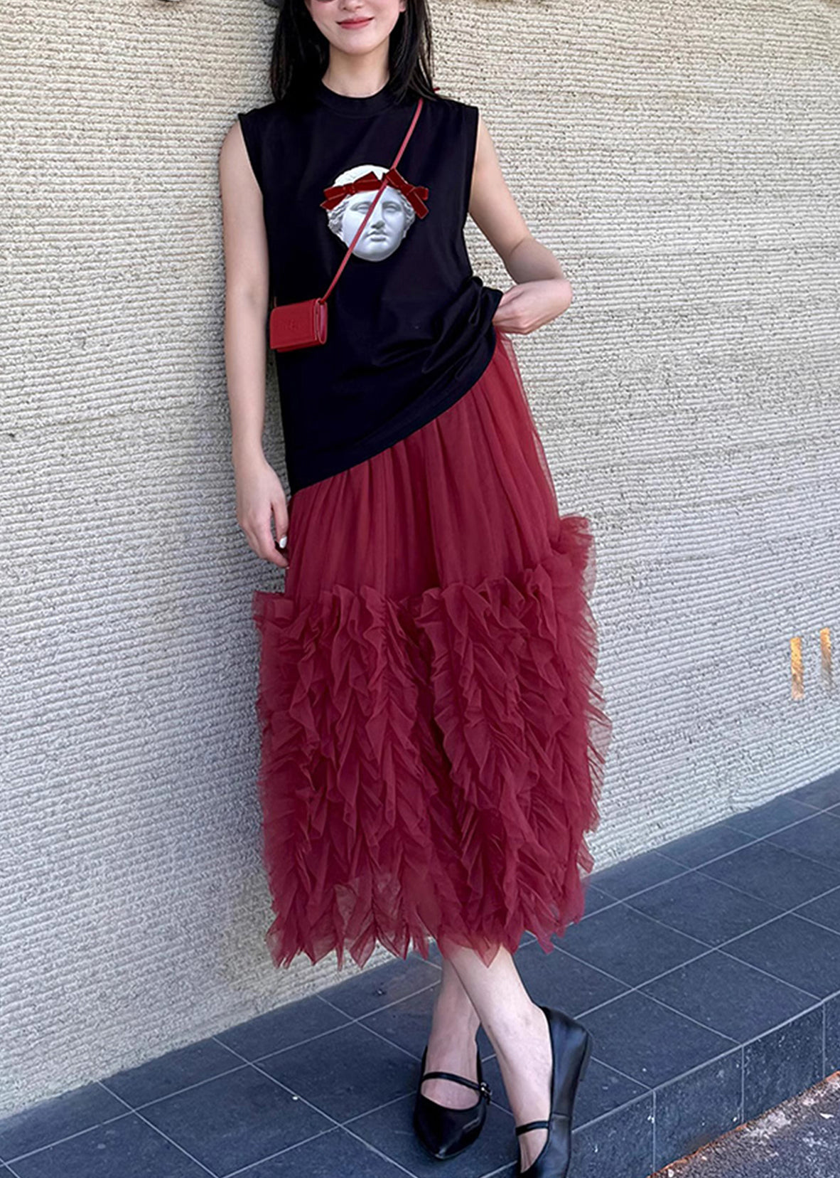 Handmade O-neck Print Top and Maxi Skirts Two Sets Pieces Summer