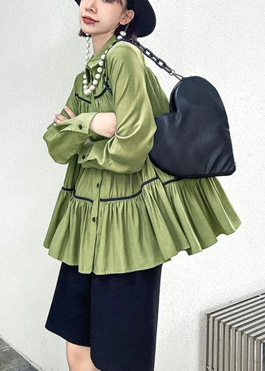 Organic Green Peterpan Collar Button Wrinkled Fall Blouses Long Sleeve