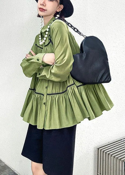 Organic Green Peterpan Collar Button Wrinkled Fall Blouses Long Sleeve