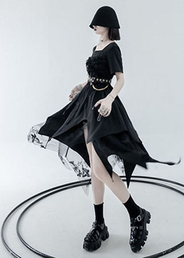 Diy Black Asymmetrical Design Tulle Patchwork Cotton Vacation Dress Summer