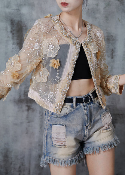 Apricot Organza Upf 50+ Cardigan Sequins Rhinestone Summer