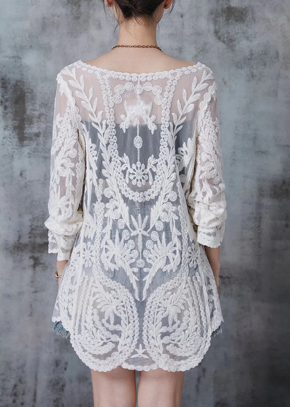 White Embroidered Hollow Out Tulle Long Smock Summer