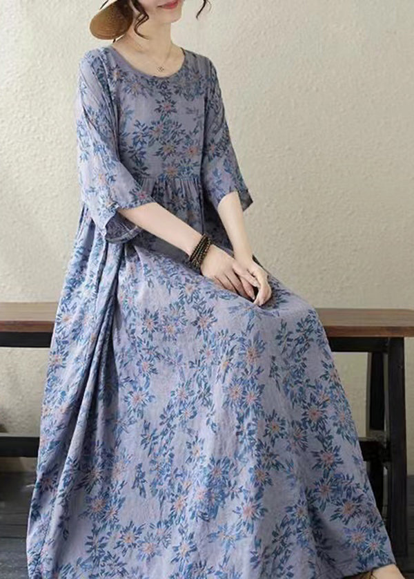 Handmade Blue O Neck Print Cotton Dress Summer
