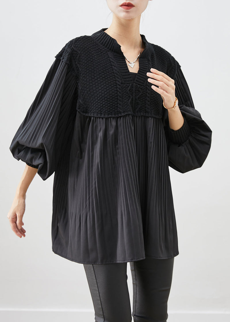 Black Oversized Patchwork Wrinkled Tops Lantern Sleeve
