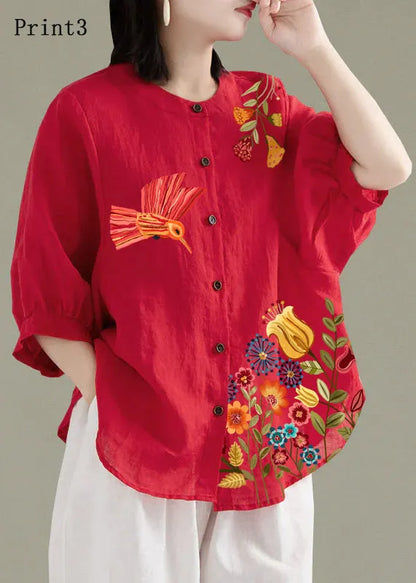 Art White Patchwork O-neck Button Linen Loose Shirt Top Lantern Sleeve