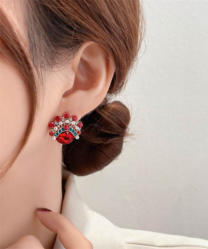 Red Zircon Crystal Pearl Asymmetric Design Peking Opera Mask Stud Earrings