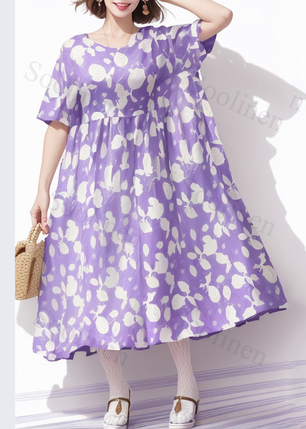 Purple O-neck Print Wrinkled Silk Dress Summer