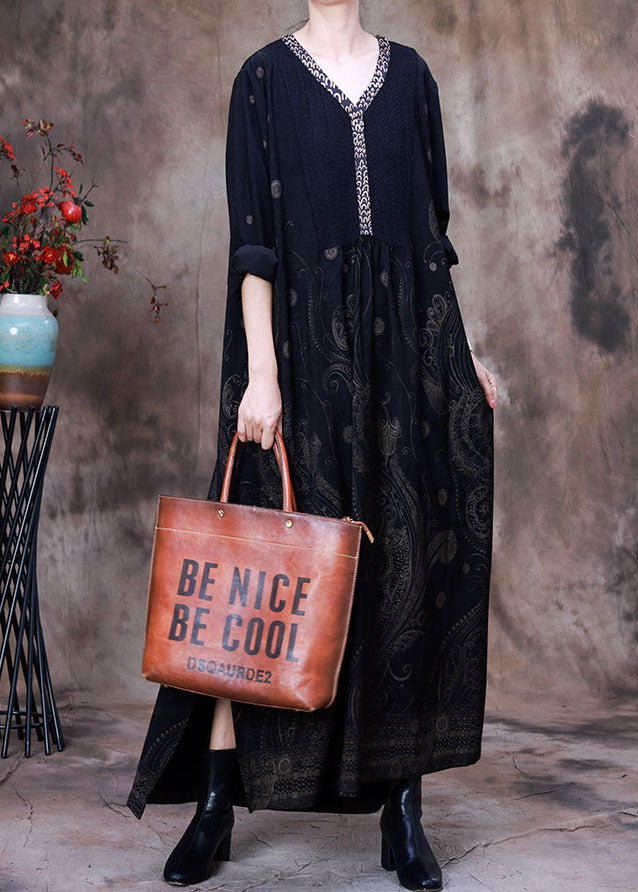 Black Side Open Patchwork Velour Long Dresses Spring