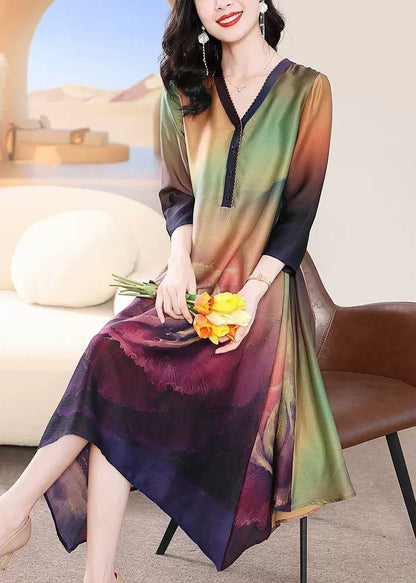 French Colorblock V Neck Print Silk Long Dress Bracelet Sleeve Summer