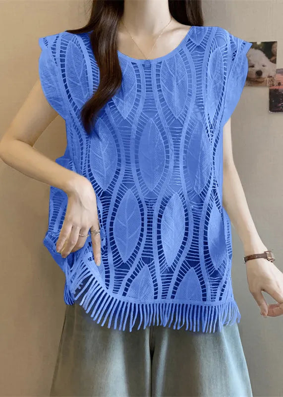 Blue Tasseled Cotton Tank O-neck Summer