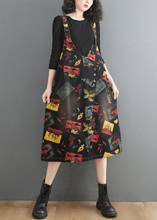 Black V Neck Asymmetrical Button Print Strap Denim Dress Summer