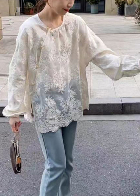 Beige O-neck Button Jacquard Chiffon Blouse Tops Spring