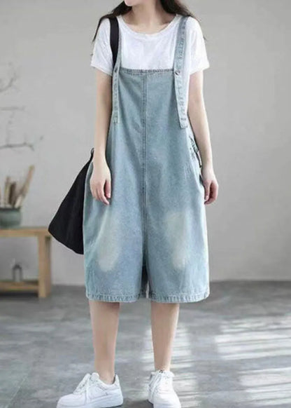 Boutique Light Blue Pockets Denim Half Jumpsuits Summer