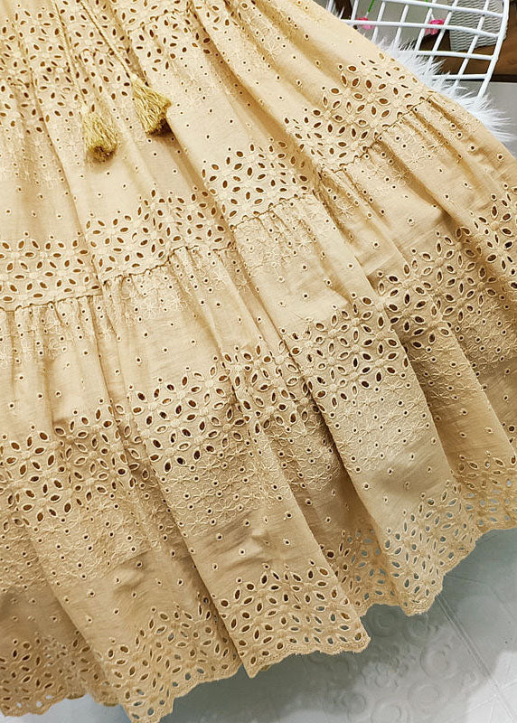 Green Embroideried Tasseled Hollow Out Cotton Skirt Summer